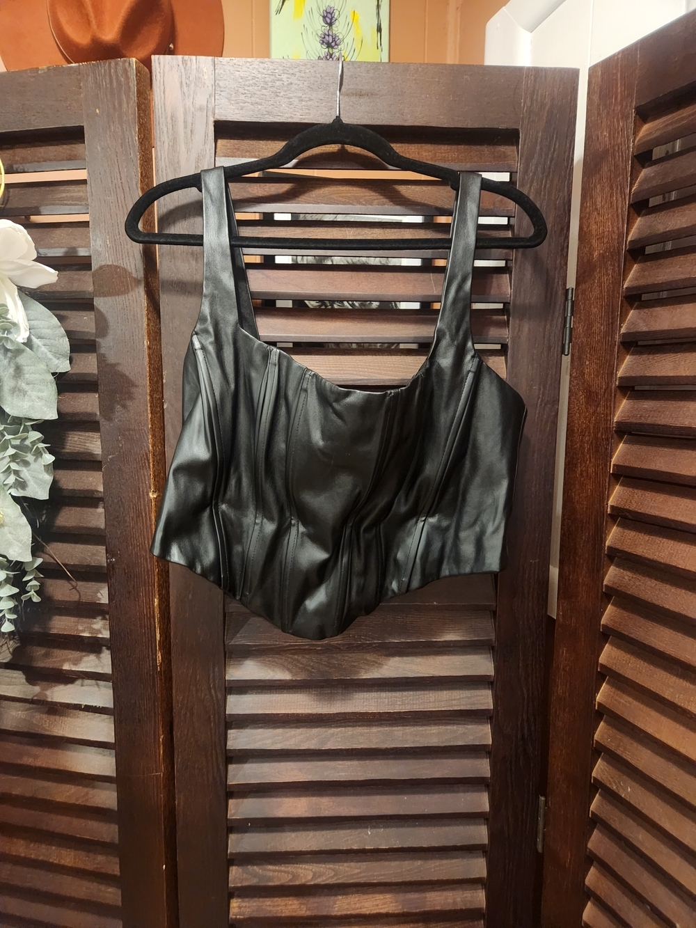 Black Faux Leather Corset-Style Bodysuit Top